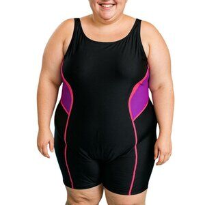Color Block Racerback Swimsuit Built-In Bra Keyhole Back Plus Size 2XL
